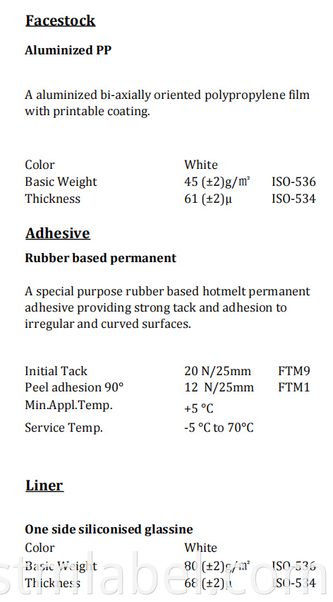 T40qe3720 Aluminized Pp Rubber Based Permanent White Glassine